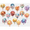Pastel watercolor illustration of floral hot air balloons with flowers. Festive hot air balloons orange, blue, blue, green, purple, red for baby girl nursery sc