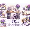 Watercolor purple lilac girl workplace planner with purple flowers, table, chair, glass with pencils, white mugs, open planner, pens, craft stationery, black ri