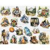 Watercolor illustrations of camper girls, tents pitched in the forest against the backdrop of mountains, camping trailer, hiker's boots, marshmallows for roasti