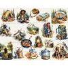 Watercolor illustrations of african american camper girls, tourist woman in tent, camping trailer, kettle, marshmallows on sticks, frying pan with breakfast, oi