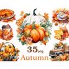 Watercolor autumn white and orange pumpkins, cup of coffee on a white saucer with cinnamon, autumn maple leaves, pumpkin retro truck, pumpkin basket, cut pumpki