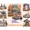 Watercolor scenes with houses decorated for Halloween with pumpkins carved with the faces of Jack O'Lantern. Gothic window with pumpkins. Crypt with pumpkins. T