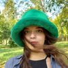 Green faux mink fur bucket hat. Stylish deep green fluffy hat. Cute winter bucket hat.