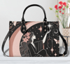 Women PU leather Handbag tote unique beautiful Art deco design women girl gazing at the moon touching the stars abstract art purse.png