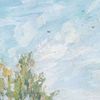 Birds are flying high in the sky. Fragment of a close-up Tree landscape Original artwork.