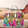 Women PU leather Handbag tote Butterfly pink, green design abstract art purse  Large Tote shoulder bag  for Vacation Beach Travel.jpg