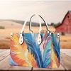 Women PU leather Handbag tote unique beautiful Art deco rainbow color feather design abstract art purse Large Tote Beach Travel Mom gift.jpg