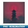 Japanese Pagoda Red Sun Landscape Illustration - Signature Sublimation PNG File