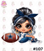 Cartoon Girl Football Fan Cowboys Black and White Hair BrownHazel Eyes PNG Sublimation Digital Design Download DTF Print.jpg