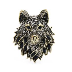 wolf brooch, statement sparkling animal jewelry, wolf lover gifts, black or blue pin, gift for woman