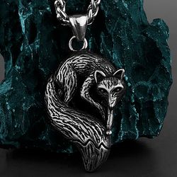 fox pendant, animal totem necklace, stainless steel jewelry