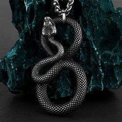 snake necklace, reptile pendant, gothic stainless steel jewelry, unisex gift