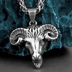 ram head pendant, sheep necklace, stainless steel jewelry