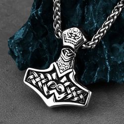 thor hammer necklace, stainless steel, viking nordic norse jewelry, gift for men