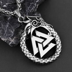 dragon ouroboros with valknut pendant, stainless steel jewelry, viking nordic norse necklace