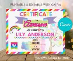 editable in canva certificate of awesome rainbow digital