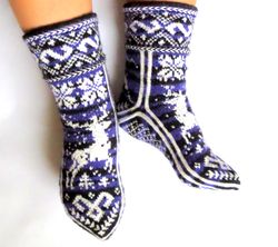 norwegian socks hand knit merino wool fair isle socks deer pattern scandinavian snowflake socks gift for animal lovers