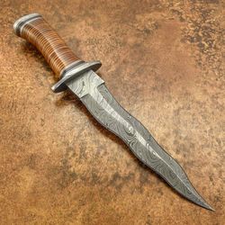 custom hand made damascus steel fuller art dagger knife stacked leather handle