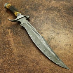 rare custom hand made damascus steel bowie hunting blood grooved knife stag antler handle