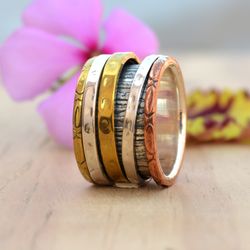 fidget spinner ring women, anxiety ring, sterling silver spinner ring band, textured ring, wide thumb ring, gift jewelry