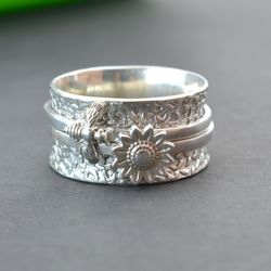 sunflower and bee ring spinner sterling silver ring for women anxiety ring wide band nature ring spinning fidget ring