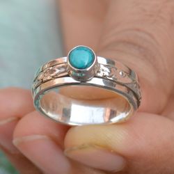 turquoise fidget spinner anxiety ring for women, gemstone & 925 sterling silver handmade unique jewelry, gift for her