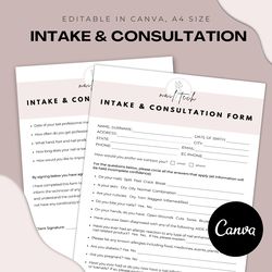 nail consultation intake form, nail technician form, client intake, manicure salon & spa form, editable in canva