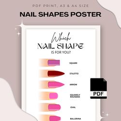 nail shapes poster, nails salon decor, nails tech print, manicure posters, nail shape wall art, ready to print pdf