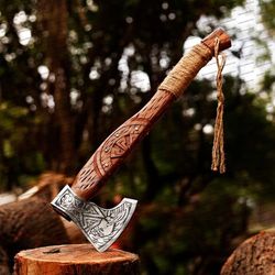 ragnar viking axe forged camping axe with handmade engraved handle | viking bearded nordic axe, anniversary gift for him