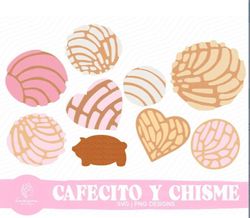 cafecito y chisme svg design, concha svg mexican sweet bread svg bundle, pan dulce svg files for cricut - digital downlo