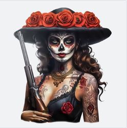 rebel cowgirl sugar skull woman with gun: digital download for sublimation & dtf printing - day of the dead, red roses,