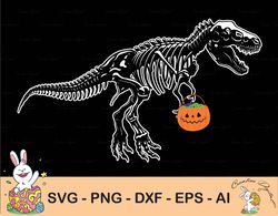 halloween svg, dinosaur skeleton svg, spooky saurus rex svg, kids cut files, funny t-rex with pumpkin svg, dxf, eps, png