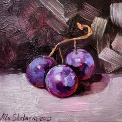 blue grapes painting 3,94 x 3,54" fruit original art grapes oil impasto painting kitchen wall art