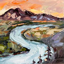 mountain river painting 4,5x3,94" landscape original art river oil painting impasto mountain wall art palette knife art