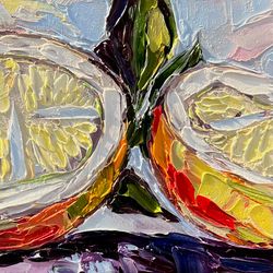 lemon oil painting still life 4 by 4 in, fruit original art lemon impasto painting kitchen wall art