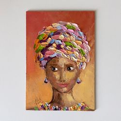 african american woman painting 5,5x7,9'' woman portrait art impasto oil painting femine original art palette knife art