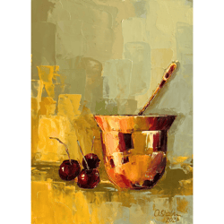 golden cup impasto oil painting 6 by 8 inch cup original art still life painting kitchen wall art palette knife art