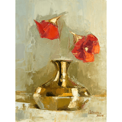 original oil painting golden vase with flowers still life painting 6 by 8 inch, original wall art