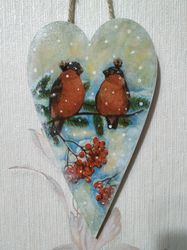 christmas wall heart/christmas decor/wooden heart/a heart with birds/home decor/christmas gift/heart-shaped pendant/bull