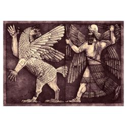 ancient god marduk kills the monster tiamat. unusual gift in antique style. sumero-akkadian mythology wall decor. 445.