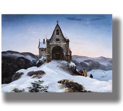 chapel on a mountain in winter. art in a romantic style. reproduction by ernst ferdinand oehme. 11.