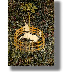 the unicorn in captivity. medieval art print. reproduction of a medieval miniature. unicorn gift. 49.
