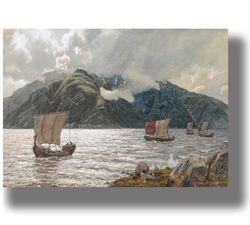 viking ships in the sognefjord. northern poster with drakkars. scandinavian style decoration. 709.