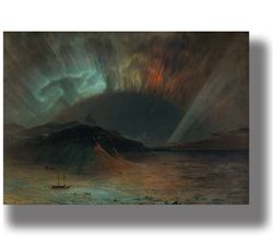 aurora borealis. northern lights in the arctic ocean. frederic edwin church artwork. beautiful polar reproduction. 447.