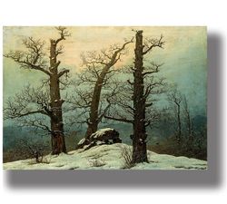 cairn in snow or giant's grave in the snow. mysterious and atmospheric painting. caspar david friedrich artwork. 643.