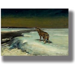 in february. atmospheric winter painting. print with a wolf in the snow. painting by alfred verusz-kowalski. 868.