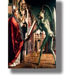 saint wolfgang and the devil. gothic home decor. print with lucifer on canvas, plywood, handmade paper. 689