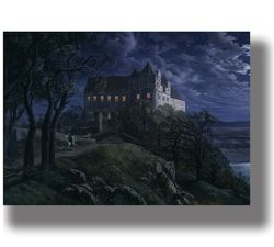 burg scharfenberg at night. beautiful reproduction with an old castle. medieval style wall hanging. 68.