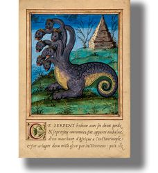 seven-headed dragon from an ancient manuscript. mythical snake poster. medieval bestiary picture. 600 h.