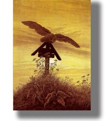 owl on a grave. dark style wall hanging. caspar david friedrich artwork. atmospheric decor. funeral bird print. 397.